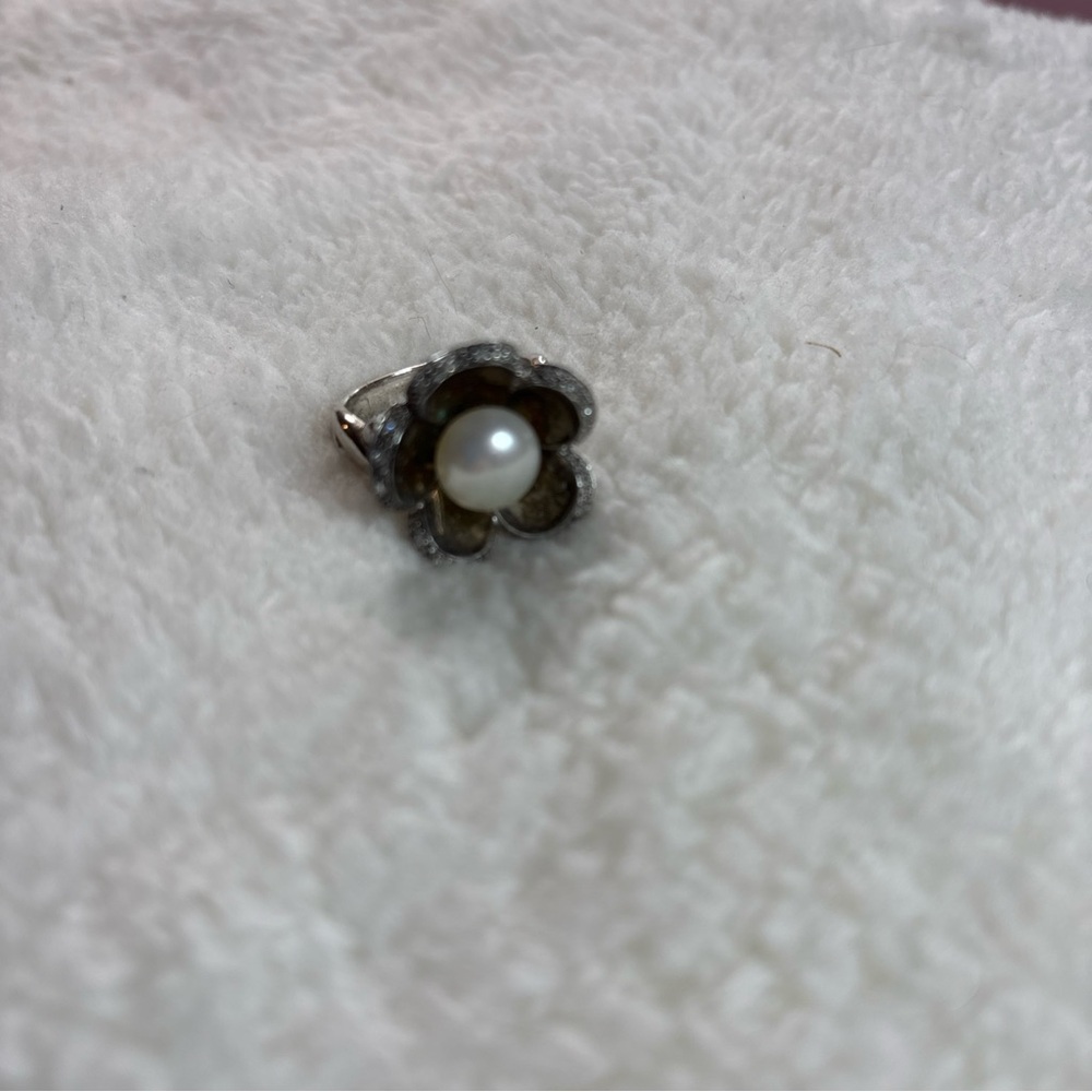 Vintage EA Affinity Diamond Sterling Silver 10mm Pearl Flower Ring Size 8 - Picture 4 of 7